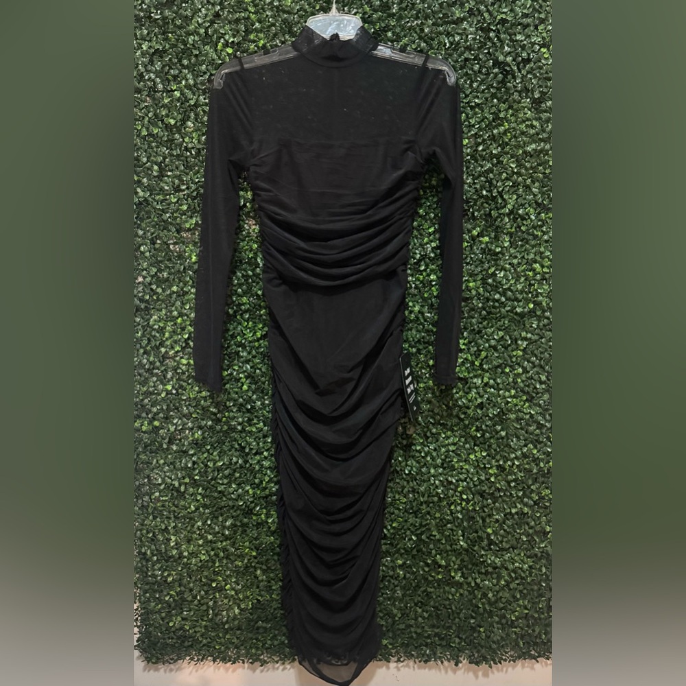 LULU'S Impressive Flirt Black Mesh
Ruched Mock Neck Midi Dress in BLACK - Picture 5 of 16